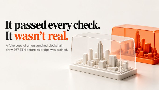 An advertisement stating 'It passed every check. It wasn't real.' warns that a fake copy of an unlaunched blockchain drew 767 ETH before its bridge was drained.