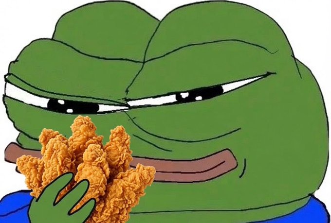 A digital drawing of a grumpy green frog character with a skeptical expression is holding a piece of fried chicken.
