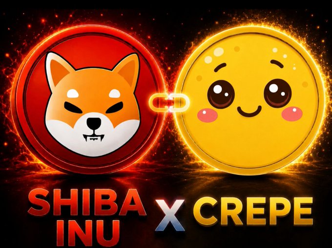 Two glowing cartoon tokens—a red Shiba Inu coin and a yellow smiling Crepe coin—are linked by a fiery chain, with bold text reading "SHIBA INU X CREPE," visually echoing the post's warning of $CREPE's surprise "shocker."