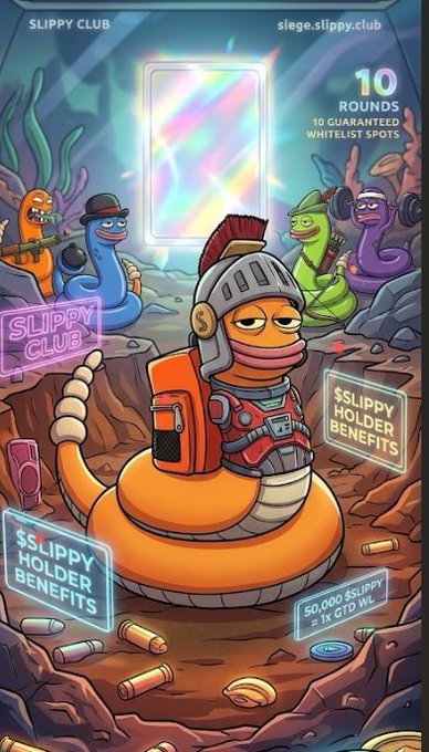 Promotional artwork for 'SLIPPY CLUB' (siege.slippy.club) featuring a cartoon orange worm in a knight's helmet surrounded by other worms, advertising '10 ROUNDS', '10 GUARANTEED WHITELIST SPOTS', and '$SLIPPY HOLDER BENEFITS'.