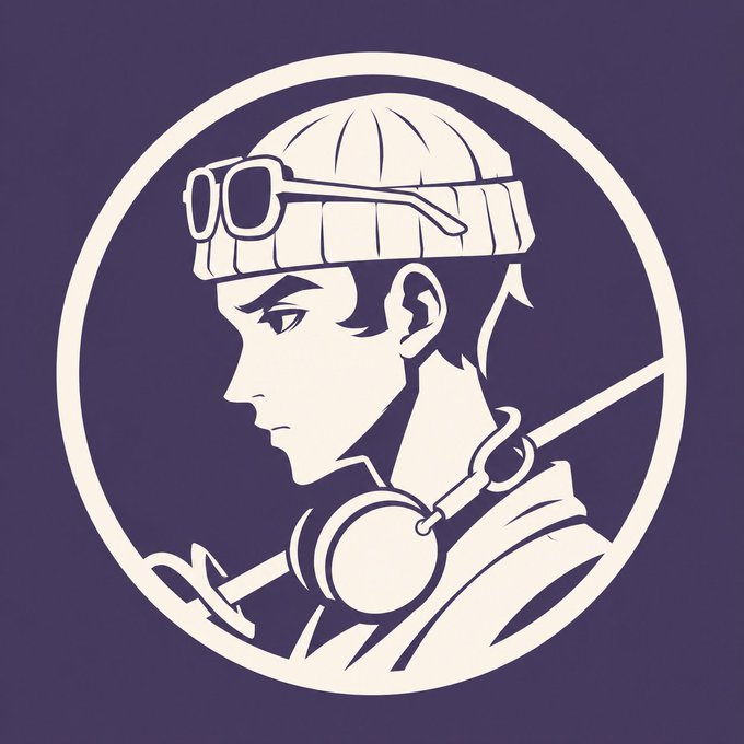 A circular emblem-style illustration of a young man in profile wearing a beanie with sunglasses perched on top, with headphones around his neck, set against a purple background.