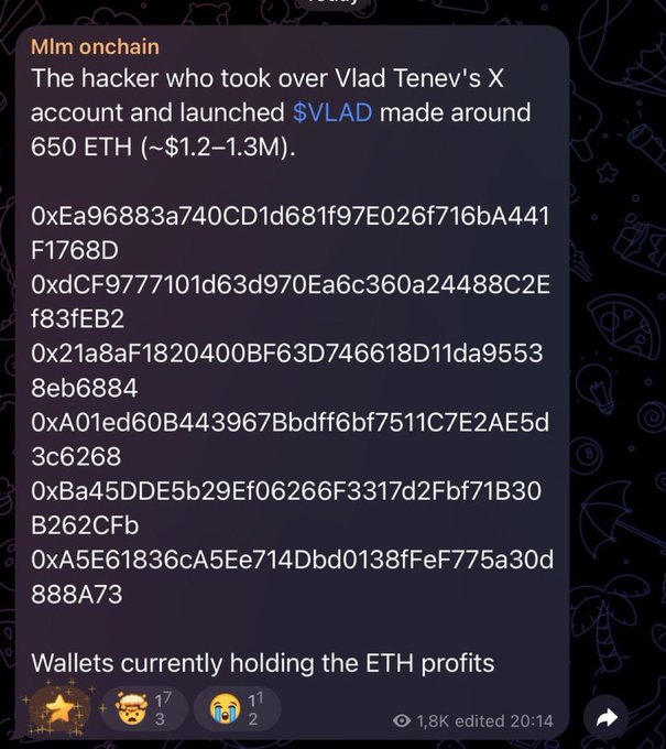 A Telegram post reports that the hacker who hijacked Vlad Tenev's X account to launch the $VLAD memecoin made around 650 ETH ($1.2–1.3M), listing six wallet addresses currently holding the stolen ETH profits. The image underscores the post's warning that even established figures like the Robinhood CEO are vulnerable to devastating exploits in the memecoin space.