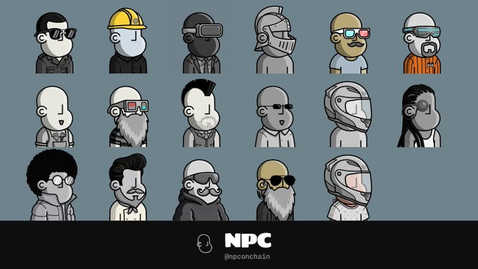Grid of 18 cartoon NPC character avatars featuring various stylized figures with hardhats, VR headsets, sunglasses, and helmets, branded 'NPC' with handle @npconchain.