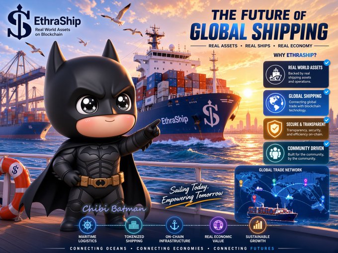 Promotional graphic for 'EthraShip' titled 'The Future of Global Shipping,' featuring a chibi Batman character and highlighting real assets, global shipping, security, and community-driven features with tags like Maritime Logistics and Tokenized Shipping.