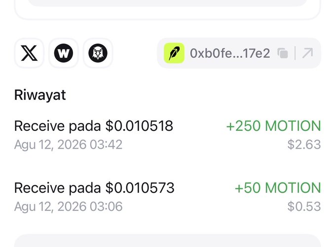 Cryptocurrency transaction history in Indonesian showing 'Riwayat' with two 'Receive pada' transactions earning +250 MOTION ($2.63) and +50 MOTION ($0.53) on Aug 12, 2026.