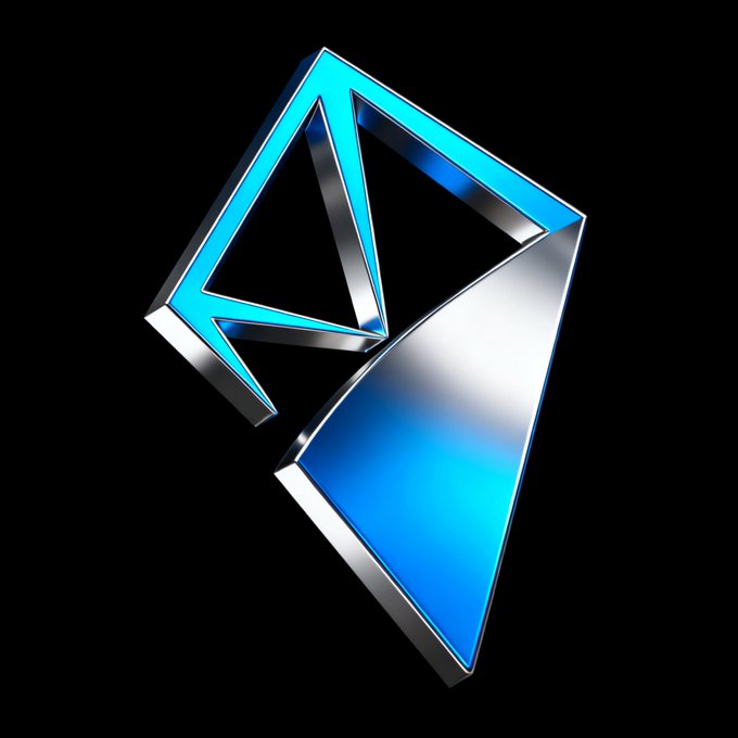 A 3D rendering of a sleek, metallic blue and silver triangular logo or emblem set against a black background.