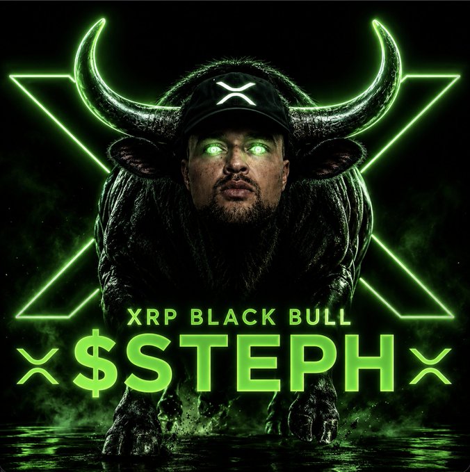 A dark, dramatic digital illustration features a bull with glowing green eyes, massive horns, and a black cap bearing the XRP "X" logo on its forehead, set against a black background with a glowing neon green X-shaped design. Bold neon green text reads "XRP BLACK BULL" and "$STEPH," flanked by XRP symbols, visually promoting the meme coin as an unstoppable bullish force for XRP holders. The image's monstrous, glowing aesthetic and ticker reinforce the post's hype for the $STEPH token on pump.fun.