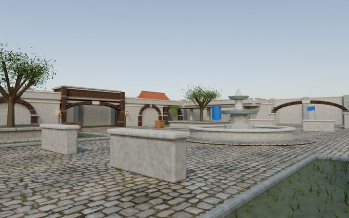 A 3D-rendered courtyard scene featuring a stone fountain, white walls with arched walkways, planters, and a cobblestone ground.