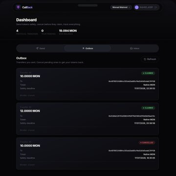 Screenshot of a 'CallEx' crypto dashboard showing a balance of 15.084 MON and a list of Outbox transactions for MON token transfers.