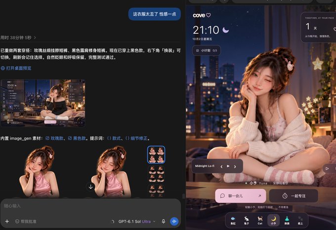 A screenshot showing a Chinese AI image generation interface (Coze) creating an anime-style portrait of a young woman in a pink sweater, with the user prompt about switching outfits to a black lace bodysuit visible.