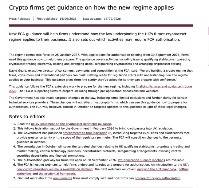 A press release from the FCA titled 'Crypto firms get guidance on how the new regime applies,' discussing new cryptoasset regulations.