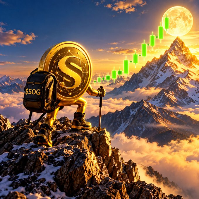A digital artwork of an anthropomorphic gold coin character wearing a backpack labeled '$SOG' and holding a hiking stick, sitting on a snowy mountain peak overlooking a sunset with green candlestick trading charts ascending toward a full moon.