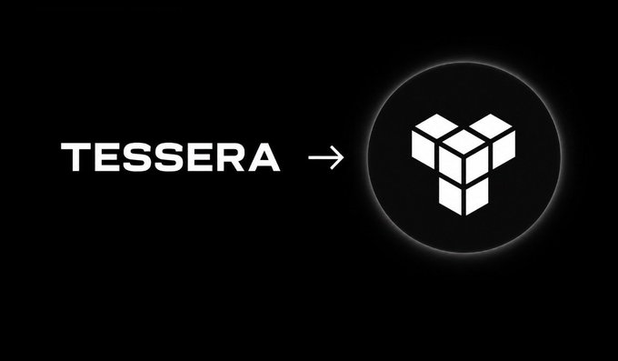 A black background displays the text "TESSERA →" alongside a white geometric logo of interconnected cubes encircled by a glowing ring, which relates to the post about Tessera building an onchain market for private company investments prior to IPO.