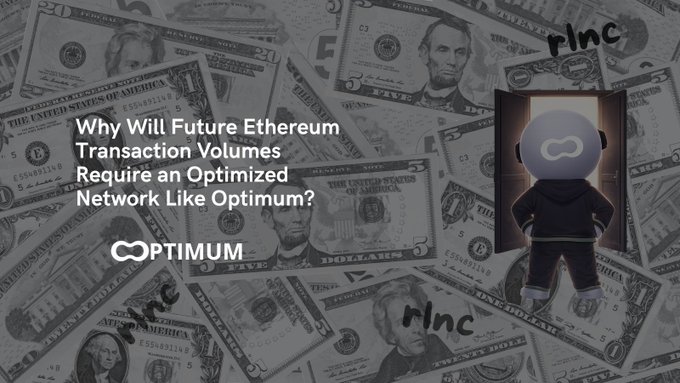 A promotional graphic for 'Optimum' blockchain featuring the headline 'Why Will Future Ethereum Transaction Volumes Require an Optimized Network Like Optimum?' with a mascot figure and a backdrop of scattered US dollar bills marked 'PINC'.