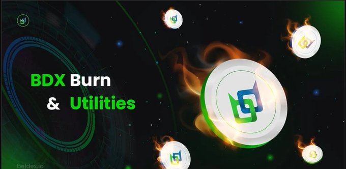 Promotional graphic for 'BDX Burn & Utilities' by beldex.io, featuring the BDX cryptocurrency logo on a fiery coin design against a dark green space-themed background.