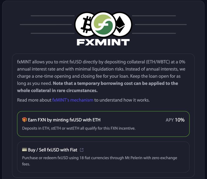 Information card for fxMINT explaining it allows minting fxUSD by depositing collateral (ETH/WBTC) at 0% interest, with options to 'Earn FXN by minting fxUSD with ETH' at 10% APY and 'Buy/Sell fxUSD with Fiat'.