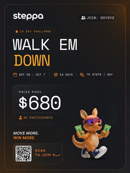 A promotional flyer for 'steppa' advertises a 10-day 'WALK EM DOWN' challenge from Sep 28 to Oct 7, with a $680 prize pool, 34 participants, and a join code 'OOYDY2', featuring a cartoon kangaroo in sunglasses holding money.