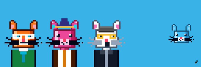 Four pixel-art cat characters with various hat and tie outfits stand in a row against a blue background, with a smaller blue cat character to the right.