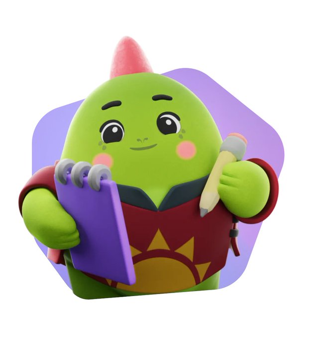 A 3D-rendered green character with a pink mohawk holds a purple notepad and a pencil, appearing to be in the process of designing or writing something.