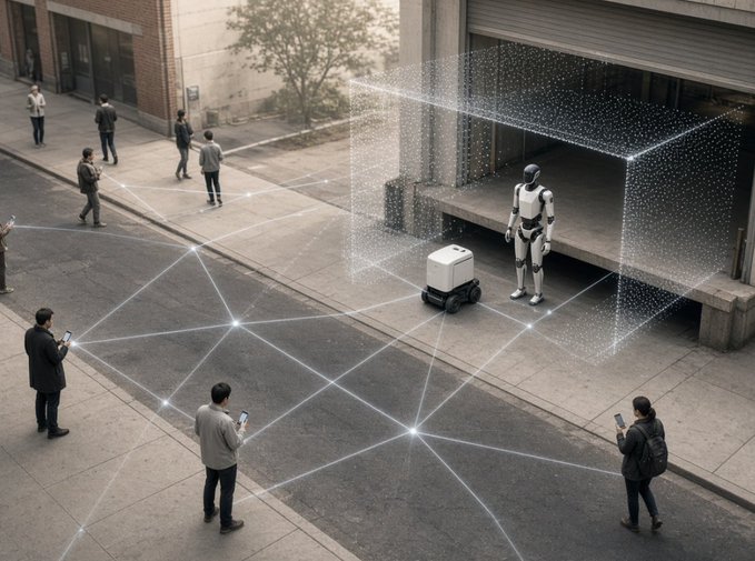 The caption: A humanoid robot and a small autonomous delivery robot stand inside a glowing data visualization cube on an urban street, connected by an illuminated network grid to pedestrians holding smartphones, symbolizing the data-driven, interconnected robotics infrastructure that companies like Vangrid are building.