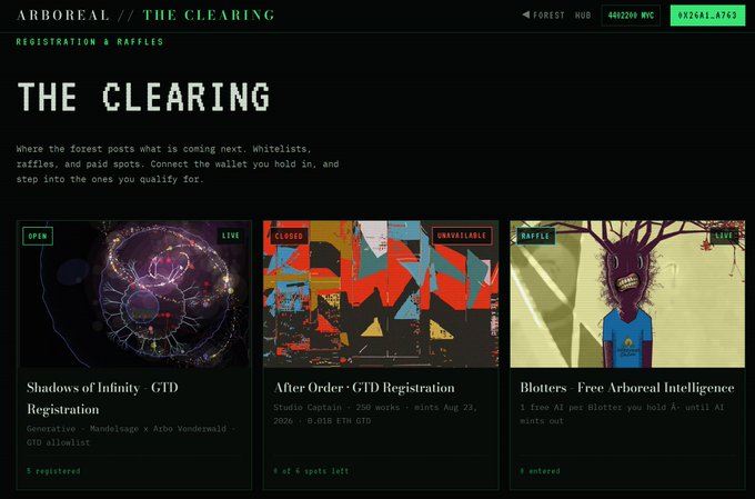 Screenshot of a website titled "THE CLEARING" from Arboreal, showing NFT registrations and raffles including "Shadows of Infinity - GTD Registration", "After Order - GTD Registration", and "Blotters - Free Arboreal Intelligence", with "FOREST HUB", "4402200 NYC" and "0X26AE...A763" visible in the header.