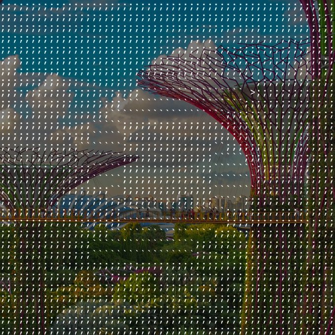 A view of Gardens by the Bay's iconic Supertree Grove in Singapore is seen through a perforated metal screen, with the caption "Next stop" playfully suggesting the destination lies just beyond the pattern.