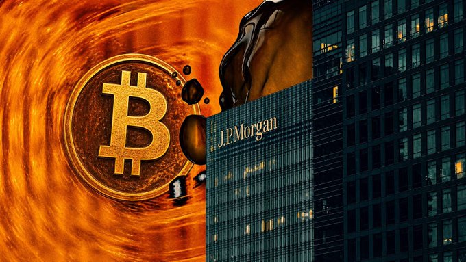 A split graphic displays a golden Bitcoin coin emerging from a fiery vortex on the left and the JPMorgan corporate building on the right.