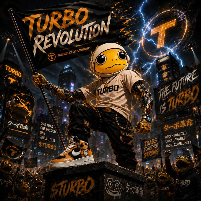 A stylized digital illustration of a frog-headed character wearing a white 'TURBO' t-shirt and orange sneakers, holding a 'TURBO REVOLUTION' flag in front of a lightning-lit cityscape with slogans like 'THE FUTURE IS TURBO' and 'TOADS TOGETHER STRONG'.
