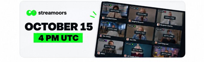 A promotional graphic for a 'streamoors' event on October 15 at 4 PM UTC, showing a tablet displaying a video call grid with multiple participants marked as 'OFFLINE'.