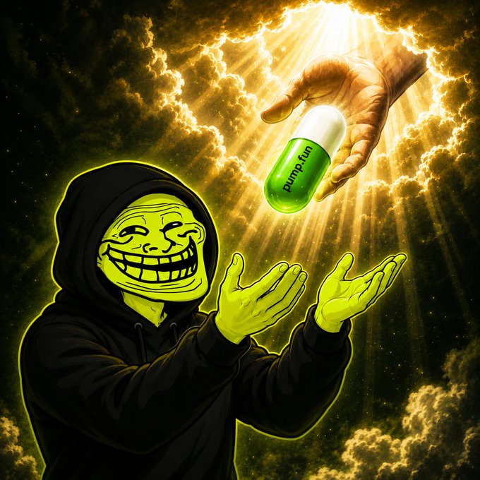 A digital artwork shows a green trollface figure in a black hoodie receiving a pill labeled 'pump.fun' from a divine hand emerging from golden clouds.