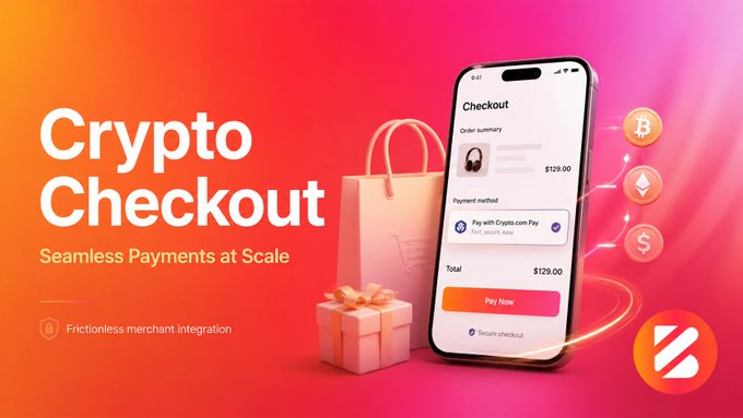 This promotional graphic for "Crypto Checkout" features a smartphone displaying a digital checkout interface alongside a shopping bag and gift box against a vibrant red and pink gradient. The visual illustrates the "merchant-side simplicity" mentioned in the text, showcasing how seamless payment methods like Crypto.com Pay integrate into a streamlined mobile shopping experience.