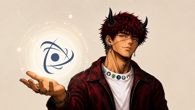 An anime-style illustration of a male character with dark red hair and black horns, wearing a red jacket and a necklace with colored gems. He holds out his hand toward a glowing blue eye-like symbol.