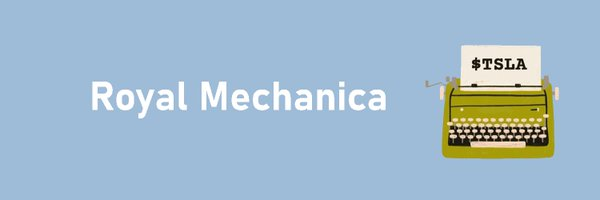 A blue banner with the text "Royal Mechanica" in white lettering alongside an illustration of a green typewriter with a paper reading "$TSLA".