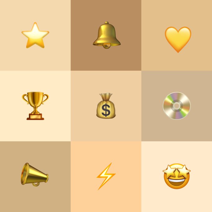 A grid of nine 3D-rendered icons including a star, bell, heart, trophy, money bag with a dollar sign, CD, megaphone, lightning bolt, and a star-eyed smiley face emoji.
