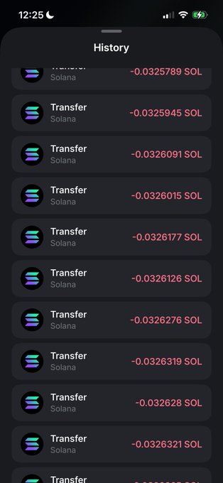 Mobile screenshot of a cryptocurrency transaction history displaying multiple Solana transfers with small negative amounts around -0.0325 SOL each.