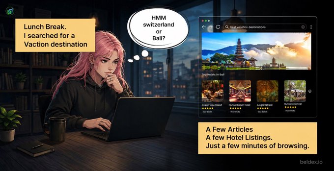 A comic-style illustration of a pink-haired woman on her laptop searching for vacation destinations, thinking 'HMM switzerland or Bali?' with browser screenshots showing Bali hotel listings and the beldex.io logo.