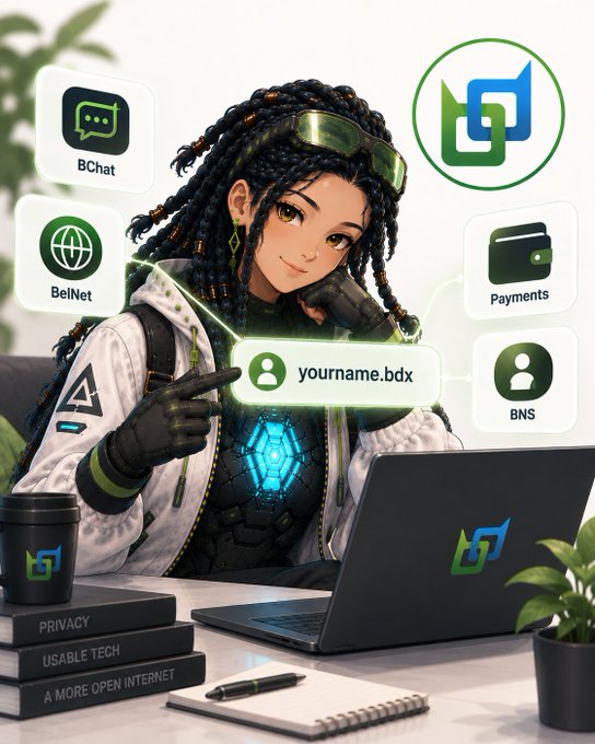 An anime-style digital illustration shows a character with goggles surrounded by tech icons including 'BChat', 'BeINet', 'Payments', and 'BNS', with the URL 'yourname.bdx' on a laptop.