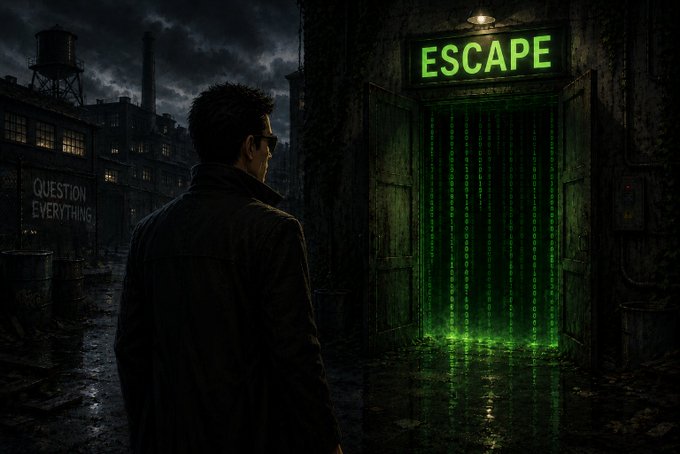 A moody, cyberpunk-style illustration showing a man from behind facing a glowing green 'ESCAPE' sign with a digital matrix curtain of code, while a wall in the background reads 'QUESTION EVERYTHING'.