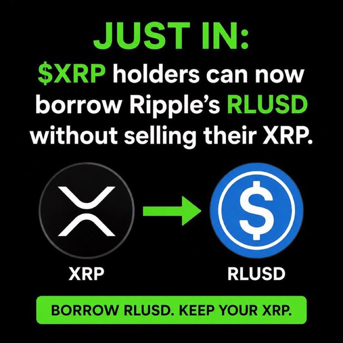 A graphic announcing that XRP holders can now borrow Ripple's RLUSD stablecoin without selling their XRP, showing the XRP logo pointing to the RLUSD dollar logo with the tagline "BORROW RLUSD. KEEP YOUR XRP."