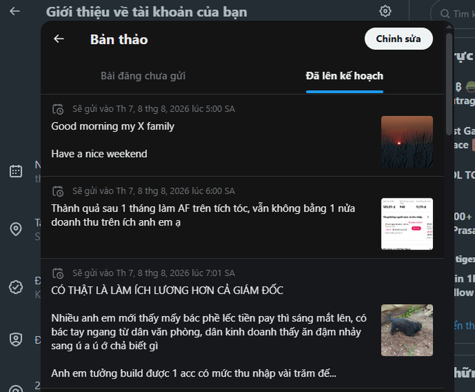 A Vietnamese social media scheduling interface showing drafted posts scheduled for August 2026, including a 'Good morning' message, an OnlyFans revenue update, and a post about earning more than a CEO.