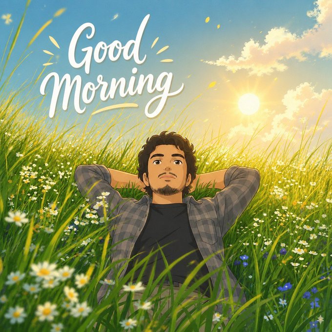 The image features a man laying down in a field of flowers, with the sun shining above him. The text "Good Morning" is written above his head, suggesting that he's enjoying a beautiful day outside. The image also includes a caption about Web3 and @XOOBNetwork, which could be related to the post or simply an unrelated detail.