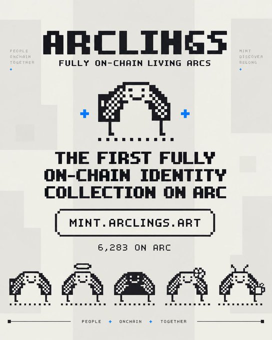 Promotional graphic for "ARCLINGS - Fully On-Chain Living Arcs" described as "The First Fully On-Chain Identity Collection on Arc," with 6,283 minted, available at mint.arclings.art.
