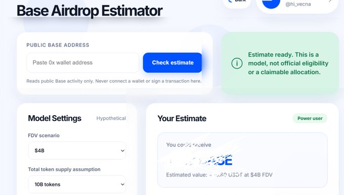 The image shows a screenshot of a Base Airdrop Estimator page that displays information about the app's features and how to use it. The text on the screen indicates that the app can be used for predicting the amount of airdrop payments based on the number of users, their activity levels, or even the popularity of certain games. It also suggests that the app is designed to help users estimate the value of an airdrop payment and provides details about how to use it. The image does not provide any information about the specific content within the app but rather focuses on its overall purpose and functionality.