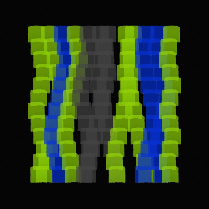 A vertical abstract composition of stacked, pixelated 3D blocks in lime green, blue, and gray colors arranged in column-like patterns on a black background.