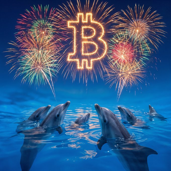 An image showing a Bitcoin logo formed by fireworks over a group of dolphins in the water against a blue background.