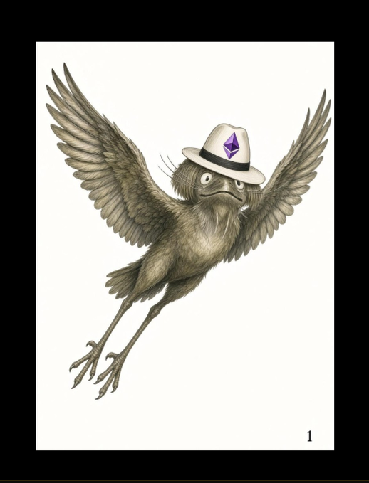 An illustration of a quirky, wide-eyed bird in mid-flight wearing a cream-colored fedora with a purple gem emblem, with the number '1' in the corner.