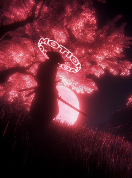 A silhouette of a samurai warrior stands in tall grass beneath a large cherry blossom tree with red glowing leaves, facing a red moon and stylized red neon text in the sky.