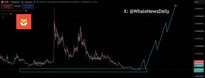 A cryptocurrency price chart for SHIB/USDT on Binance, showing historical price action with a Shiba Inu logo and an overlaid blue line suggesting a potential upward breakout, watermarked with X: @WhaleNewsDaily.