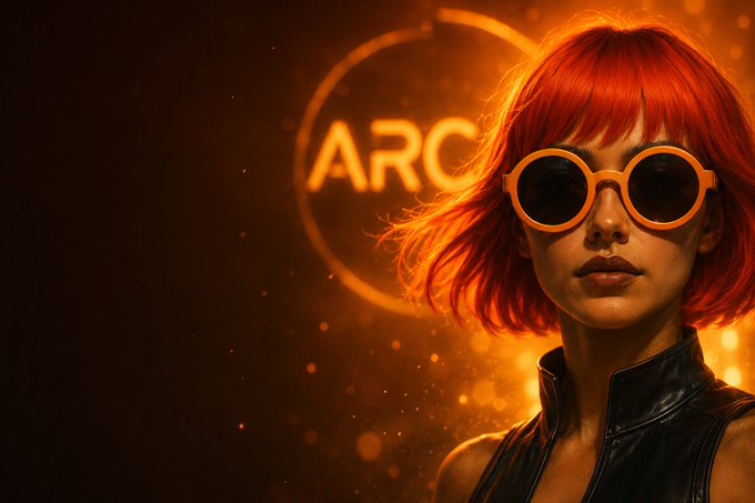 The image features a woman wearing orange sunglasses, possibly a character from a movie or TV show, with red hair. She appears to be posing for the camera against a dark background that includes a neon sign reading "ARC" above her head. The scene seems to be set in an arcade or gaming environment, as suggested by the presence of the neon sign and the woman's attire.