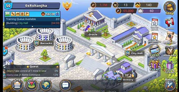 A mobile city-building strategy game screenshot displays a Greek/Roman themed city with buildings like Barracks, Oracle, and City Hall, along with player stats showing '0xRohanjha' level 50.